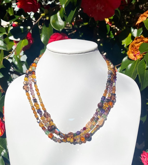 60 inch Crystal Necklace, Czechoslovakian Glass and Austrian Crystal in Earth Tones, Topaz, Amethyst, Jasper, Antiqued Bronze, "Tashkent"