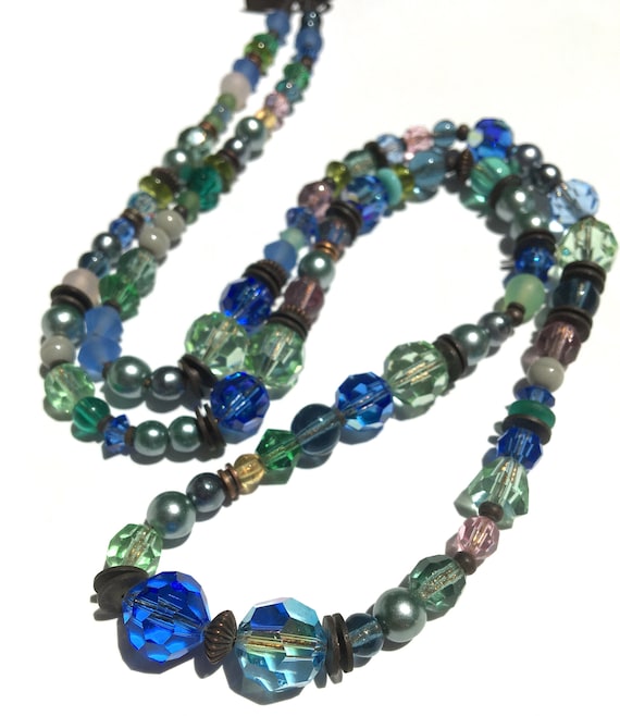 24 Inch Necklace, Sapphire and Peridot Austrian Crystal and Czech Glass, Silver Glass Pearls, Pastel Frosted Glass, Art Deco, "Great Rushes"