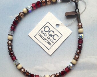 Beaded Stacking Bracelet, Garnet, Smoke Topaz, Burgundy Red, German and Czech Glass with Austrian Crystal, Art Deco, &quot;Strauss Waltz&quot;