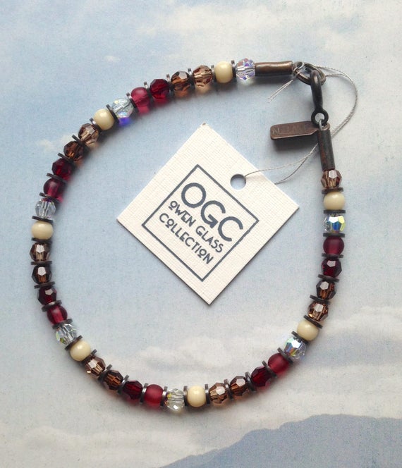 Beaded Stacking Bracelet, Garnet, Smoke Topaz, Burgundy Red, German and Czech Glass with Austrian Crystal, Art Deco, "Strauss Waltz"