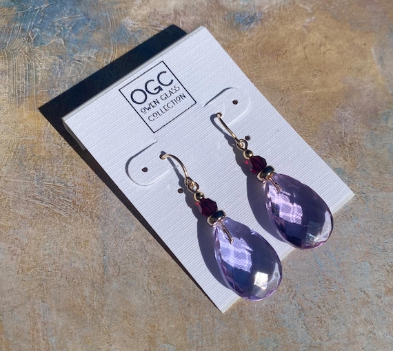 Light Amethyst Glass Earrings, Garnet Crystal, Gold: Handmade Earrings, High Street 21