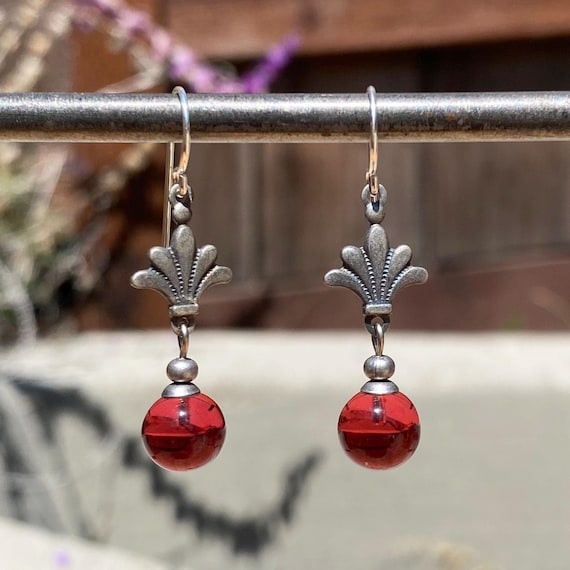 Pink Glass Drop Earrings: Rose German Glass, Antiqued Silver Filigree