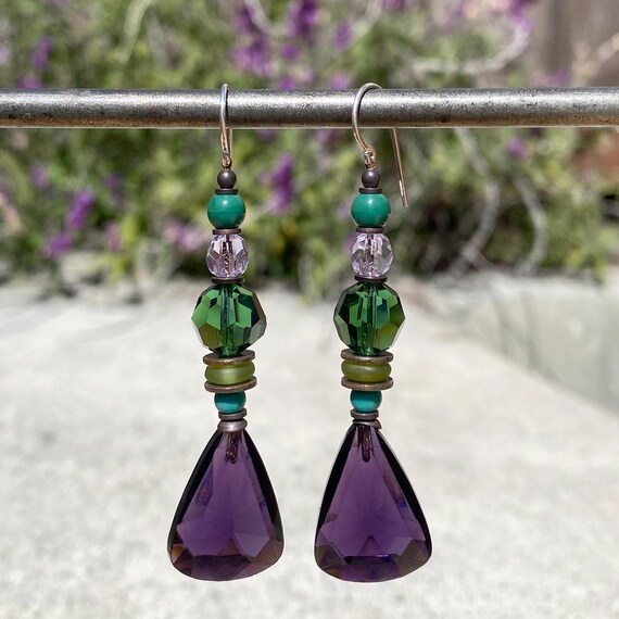 Purple & Green Earrings, Amethyst German Glass, Tourmaline Austrian Crystal, Czech Glass, Bronze Accents, Rare Glass, "5 O'Clock News"
