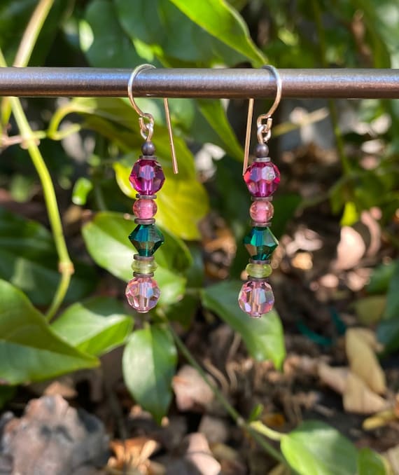 Glass and Crystal Beaded Earrings, Pink, Fuchsia and Emerald Austrian Crystal, Light Green and Pink Czech Glass, "Elements 7"