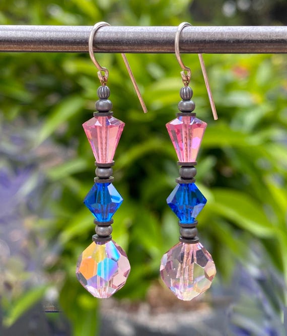 Light Amethyst Iridescent Earrings, Austrian Crystal Earrings in Turquoise, Pink and Light Amethyst, Rare Glass, Art Deco, Style 116