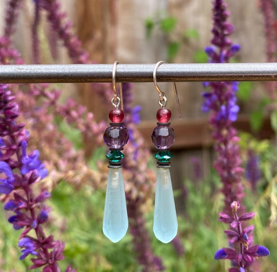 Frosted Light Aqua Prism Earrings, Antique Czech Glass, Vintage Glass, Amethyst + Pink Czech Glass, Emerald Crystal, Style 158f