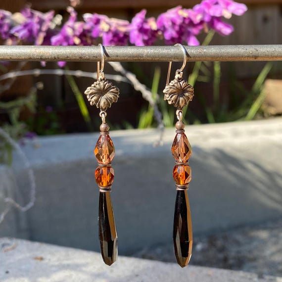 Jet Chandelier Earrings, Antique Czech Glass Prisms, Austrian Crystal in Light Smoke Topaz, Dark Topaz Czech Glass Top Beads, "Fleur Noire"