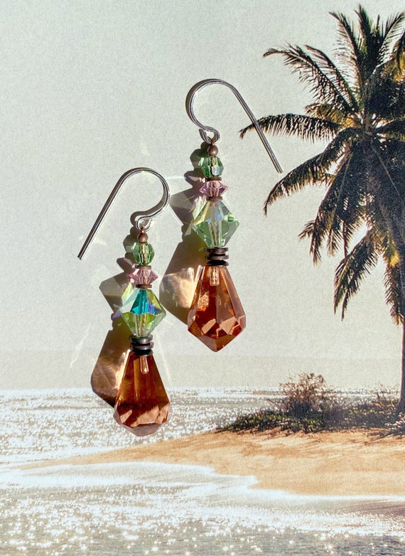 Peach Glass Earrings, Pale Peach Drops with Austrian Crystal Accents in Pink and Iridescent Peridot, Bronze Accents, Art Deco, Style 573