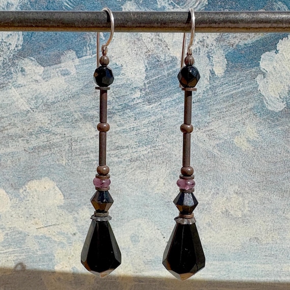 Jet Glass Dangle Earrings; German and Czech Glass, Bronze, Silver, Art Deco
