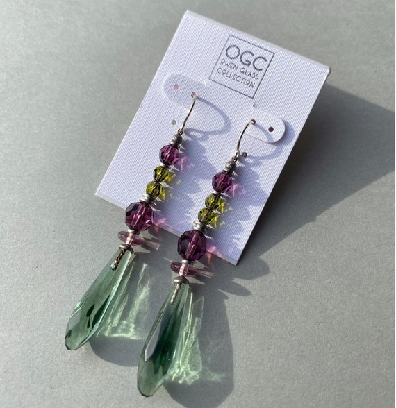 Tourmaline Green Chandelier Earrings, Austrian Crystal in Amethyst & Olivine, Czech Glass, Antiqued Silver, Art Deco Earrings, "Metro 15"