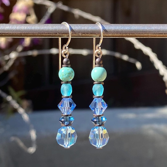 Turquoise and Crystal Earrings, Aqua, Sapphire, Natural Turquoise, Shades of Blue, Beaded Earrings, Antiqued Bronze, "Elements 8"