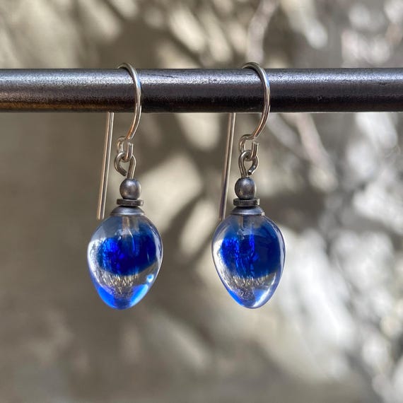 Two-Toned Glass Earrings, Clear and Sapphire Color Mixed Glass, German Glass, Dainty Earrings, Handmade, "Colors 21"
