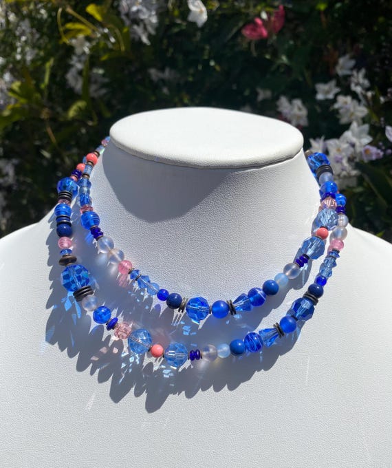 30 Inch Beaded Necklace, Sapphire, Cobalt and Pink Austrian Crystal and Czech Glass Beaded Necklace, Art Deco, Antiqued Bronze, "Sky Patrol"