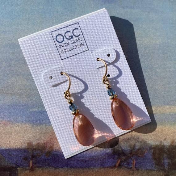 Peach Glass and Gold Earrings: Indigo Crystal, German Glass