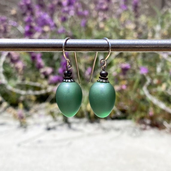 Frosted Tourmaline Green Earrings, German Glass Drops with Antiqued Bronze Accents and Sterling Silver Ear Wires, "Berries 27"