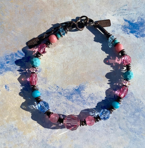 Czech Glass & Crystal Bracelet: Pink, Turquoise, Sapphire, Bronze