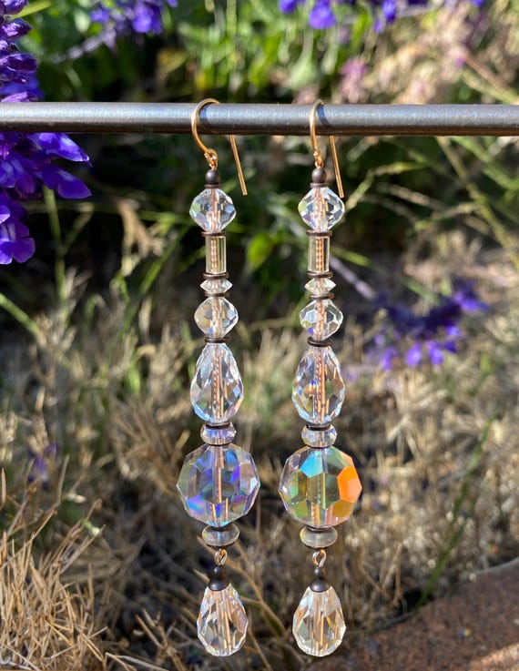 Crystal Shoulder Dusters, Austrian Crystal and Czechoslovakian Glass Dangle Earrings, Antiqued Bronze, Art Deco Earrings, "Amnesia"