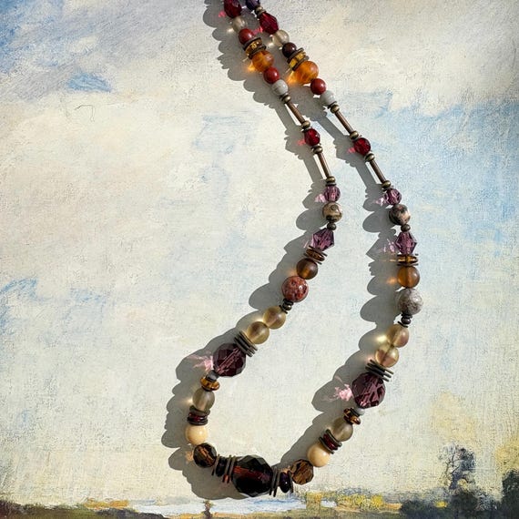 16 Inch Beaded Glass Necklace: Amethyst, Smoke Topaz, Czech Glass, Art Deco