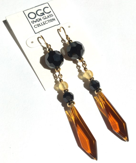 Dark Topaz and Jet Earrings, German Glass Drops with Austrian Crystal and Czech Glass Accents, Art Deco Gold Earrings, "Style 864"