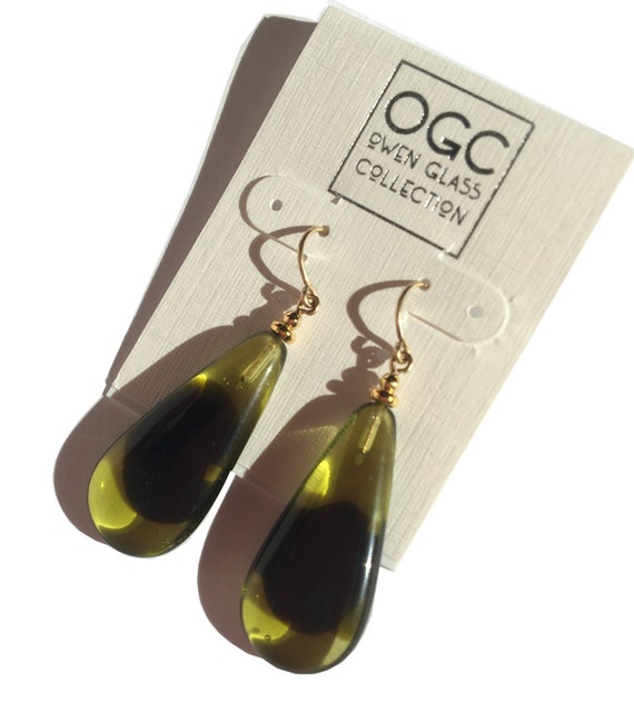 Dangle Earrings, Olive Green Glass, Jet Glass, Two Toned Drop Earrings, German Glass, Art Deco Drop Earrings, Gold Earrings, "Lights 29"