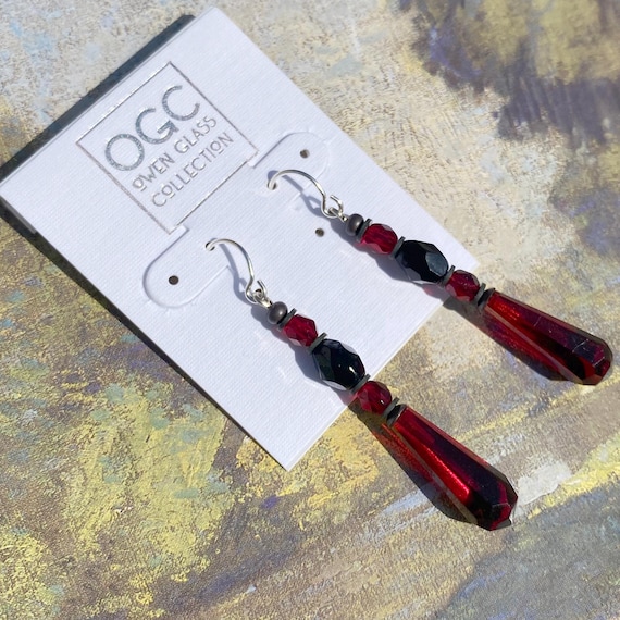 Burgundy Prism Earrings, Antique Czech Glass, Garnet Earrings