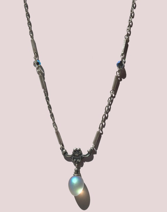 15 Inch Choker,  Antiqued Silver Necklace, Iridescent Gray Glass, Iridescent Austrian Crystal Accents, Pendant, "Mini Berries 10 Necklace"
