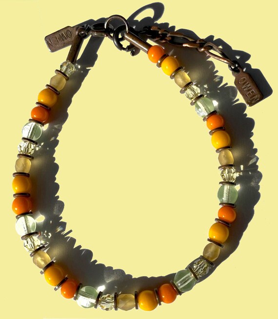Beaded Bracelet, Shades of Jonquil Yellow, Light Topaz, Austrian Crystal & Czech Glass, Stackable Bracelet, Art Deco, Bronze, "Solaris II"