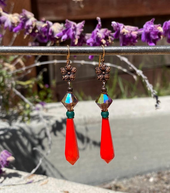 Chandelier Glass Earrings, Antique Czech Glass Prisms, Art Deco Era, 1920s, Bright Orange, Vermilion, Copper Filigree, Style 121F