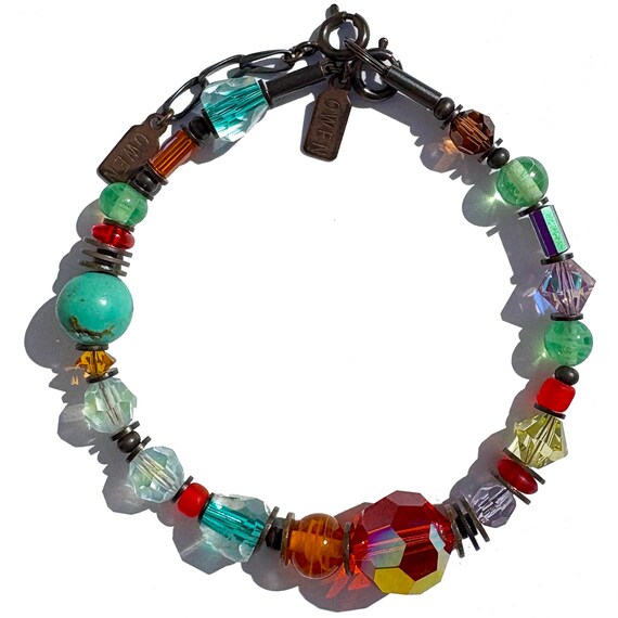 Turquoise Beaded Bracelet: Czechoslovakian Glass, Austrian Crystal, Bronze