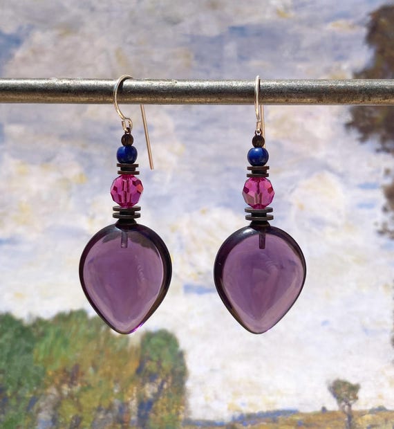 Amethyst Earrings, Purple Glass Earrings with Fuchsia Austrian Crystal, Cobalt Czech Glass, Art Deco, Bronze, "Almonds 12"