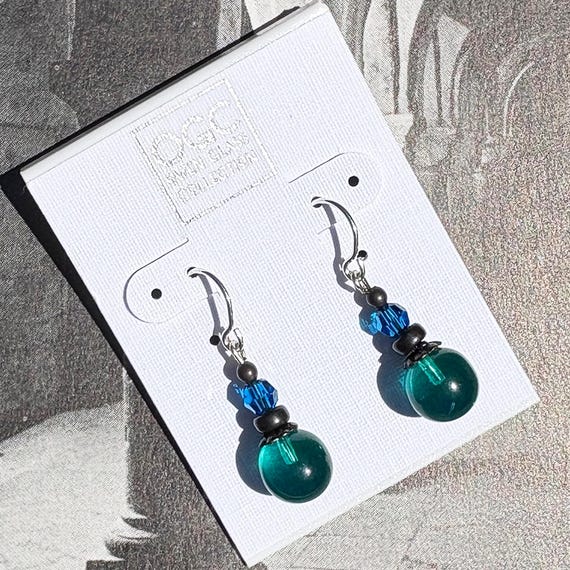 Teal Glass Drop Earrings: Blue Austrian Crystal, Antiqued Bronze Accents, "Bubbles 29"