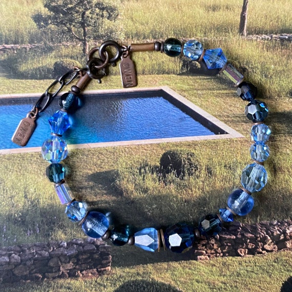 Blue Glass Bracelet, Shades of Light Sapphire and Indigo in Austrian Crystal and Czech Glass, Bronze Accents, Art Deco, "Blue Horizon"