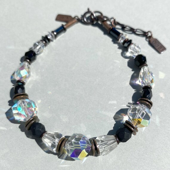 Crystal and Jet Beaded Bracelet, Antique Czech Glass, Austrian Crystal, Bronze Trim, Rare Glass, Iridescent Glass, Art Deco, "Second Gala"