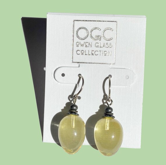 Light Yellow Glass Earrings, German Glass with Silver Ear Wires, Clear Jonquil Yellow, Art Deco Glass Drops, "Berries 9"