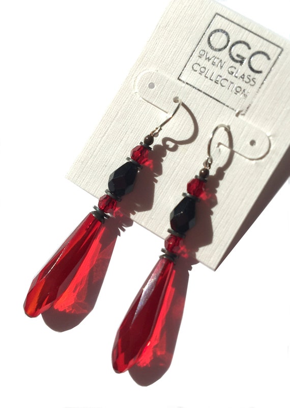 Red Chandelier Earrings, Vermilion Prisms, Glass Earrings, Antique Czech Jet Focal Beads, Austrian Crystal, Art Deco, "Siam Revival"