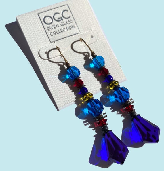Cobalt Earrings, Garnet, Turquoise, Cobalt and Garnet Czech Glass and Austrian Crystal Dangle Earrings, Art Deco, "Portia Faces Life"