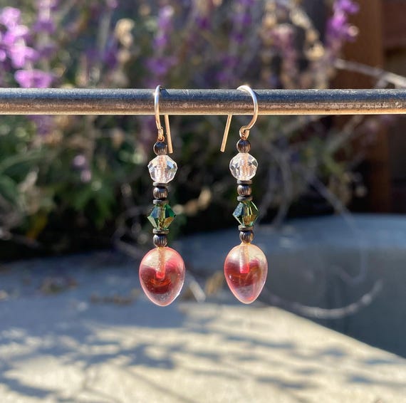 Pink and Green Earrings, Two-Tone Dark Pink & Clear Earrings with Czech Glass Top Beads, Tourmaline Austrian Crystal, "Watercolors 13"