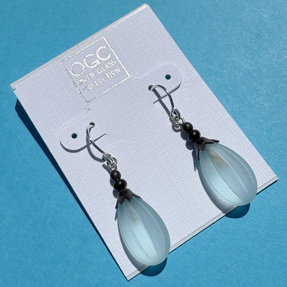 Frosted Light Blue Earrings: Aqua German Glass, Bronze, Silver