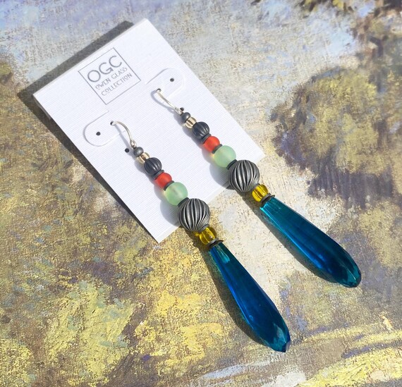 Turquoise Chandelier Earrings, Bright Blue Glass Earrings, Peridot and Orange Accents, Antiqued Silver