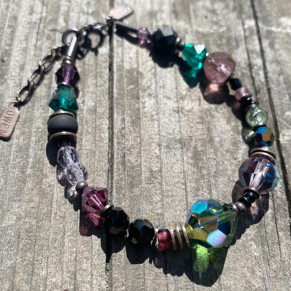 Amethyst Crystal Bracelet, Jet, Emerald Austrian Crystal, Light Amethyst Czech Glass, Tourmaline Green Crystal, Bronze, "5 O'Clock News"