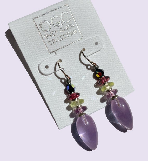 Light Amethyst Glass Earrings, Czech Glass in Pink, Yellow and Light Amethyst, Austrian Crystal Top Beads in Iridescent Jet, "Tango 5"