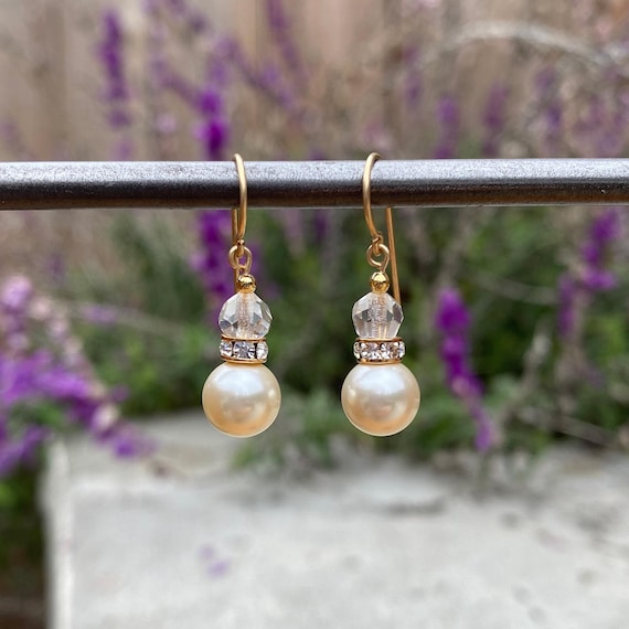Crystal Pearl Earrings: Czech Glass, Rhinestones, Gold