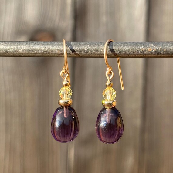 Amethyst Glass Drop Earrings: 14k Gold-Filled, Yellow Crystal