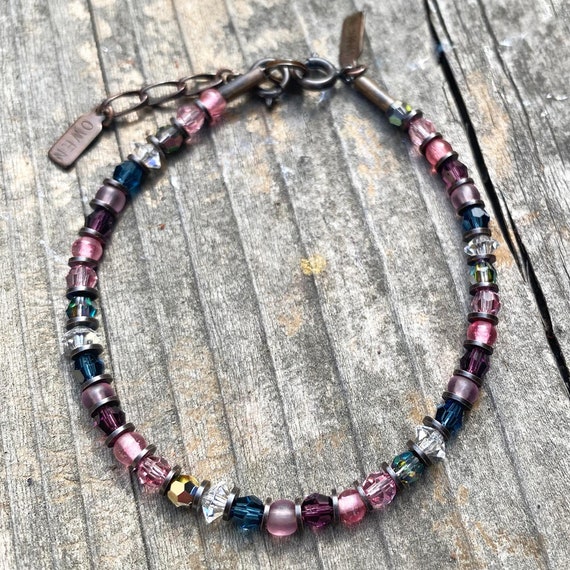 Pink and Purple Beaded Bracelet, Austrian Crystal, Antique Czech Glass, Antiqued Bronze Accents, Stacking Bracelet, "Spain, Generally"