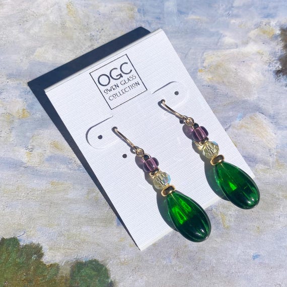 Emerald Glass Drop Earrings: Crystal and Czech Glass, Gold Trim