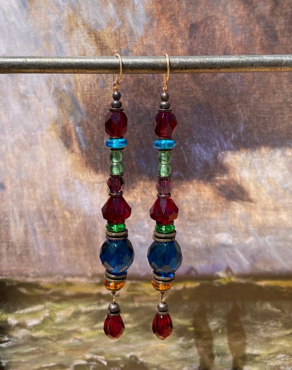 Garnet Shoulder Duster Earrings: Antique Czech Glass, Turquoise, Topaz & Amethyst, Bronze Trim, "After Hours"