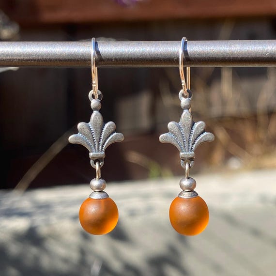 Frosted Topaz German Glass Earrings: Silver Filigree, Handmade Deco Style