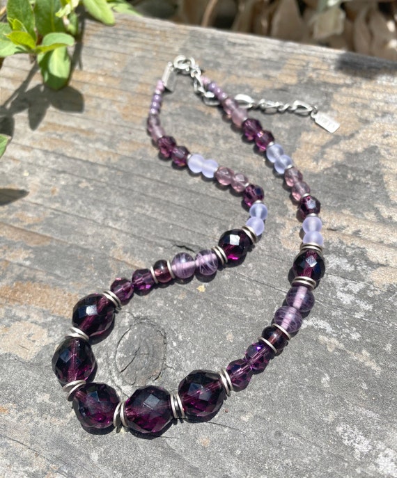 15" Amethyst Choker Necklace, Czech Glass Beads, Austrian Crystal, Antique Japanese Beads, Silver Trim, Art Deco Era Glass, "Amethyst Tones"