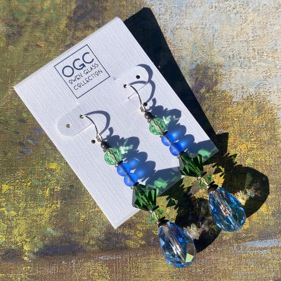 Light Blue Iridescent Crystal Earrings; Handmade Dangle Earrings, Bronze