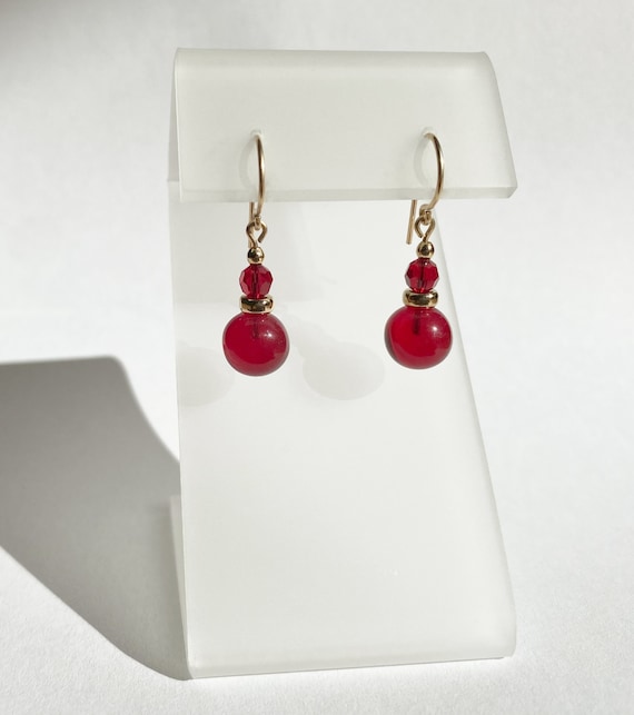 Red Glass Earrings, Austrian Crystal Top Beads in Bright Red, Gold Accents, Dainty Earrings, Handmade, Art Deco, "Bubbles 60"